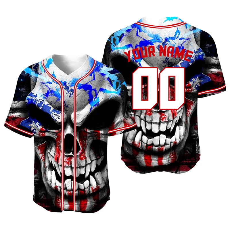 Plus Size Baseball Shirt Man Jersey Custom Design Hip Hop T-Shirt Halloween Flag Big Skull Streetwear Blouse Uniform SportTshirt