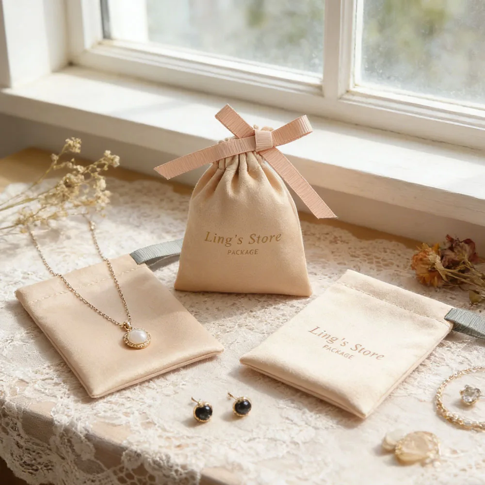 

100Pcs Customized Peach Flannel Jewelry Ribbon Bag Bowknot Pouche for Wedding Favors Birthday Newborn Bridesmaid Gift Packaging