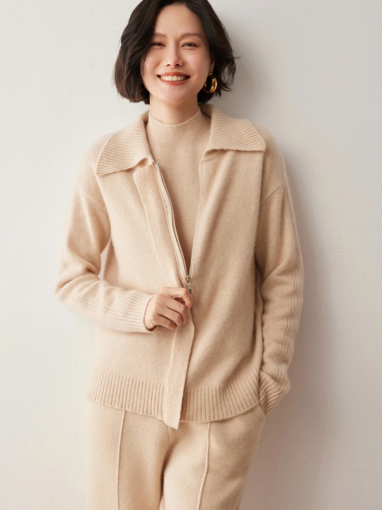 

Spring Autumn 100% Cashmere Women Zipper Cardigan Sweaters High Quality POLO Collar Long Sleeve Knitwear Office Lady Shirt Tops