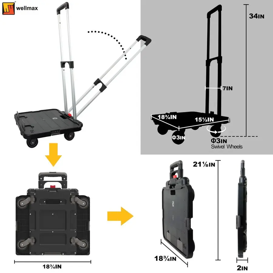 WM99800BK Wózek transportowy na kółkach, składany wózek uniwersalny dla nauczycieli, na zakupy, do biura, ciche kółka, aluminiowy uchwyt, 1