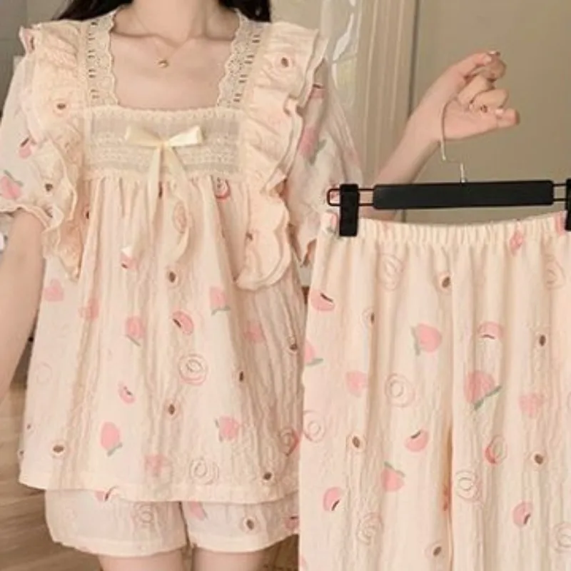 Girl Summer Cute Sweet Loose Pajamas Bubble Wrinkle New Leisure Home Clothes Suit Princess Style Lace Women's Two Pieces Set