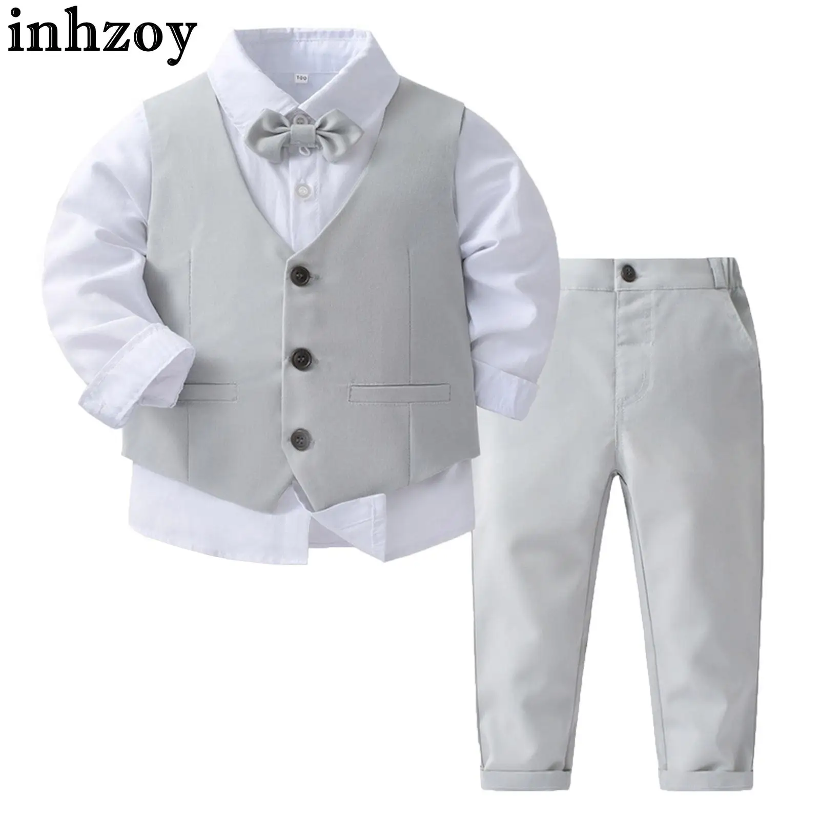 

Baby Toddler Boys Gentleman Party Outfit White Shirt with Vest Bowtie Long Pants Tuxedo Dinner Suit for Baptism Birthday Wedding