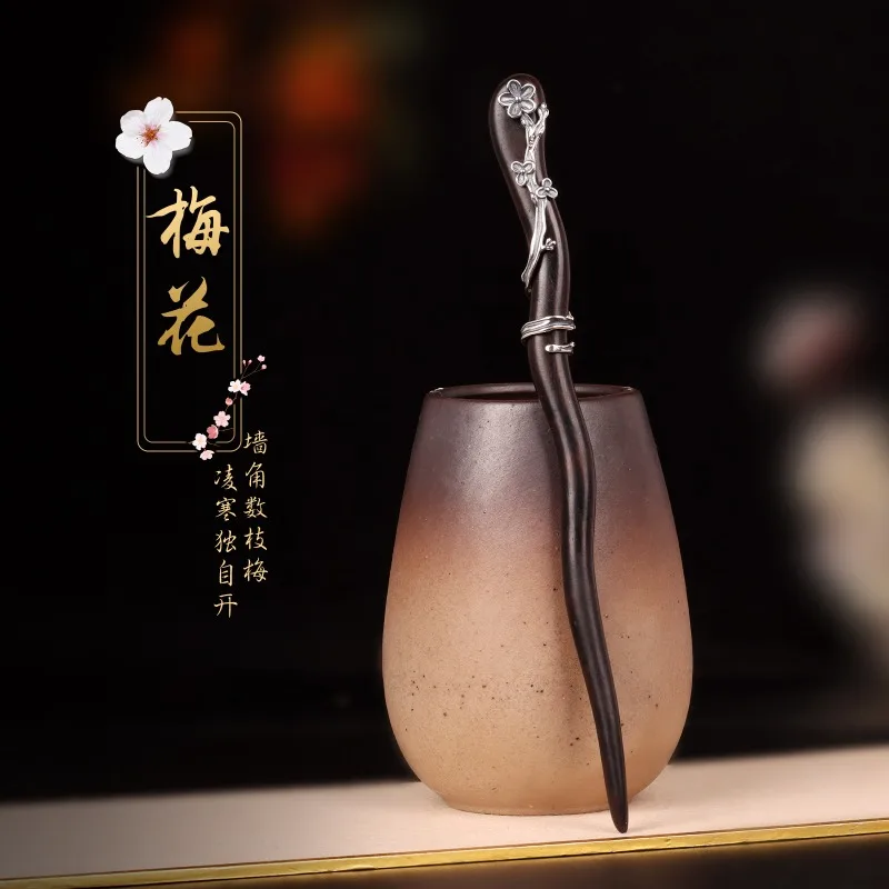 

S925 Sterling Silver Ebony Wood Hairpin Plum Blossom Antique Patina Ancient Chinese Style Hanfu Updo Hair Stick for Women Gift