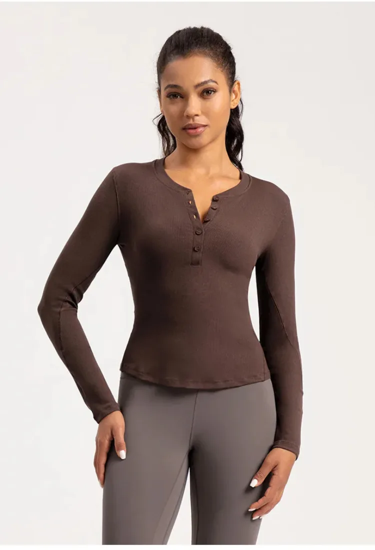 

Autumn and winter Modal Henley shirt women's sports yoga clothes T-shirt running fitness long-sleeved top