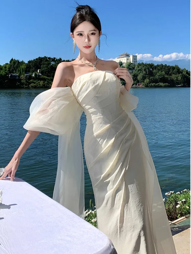 Elegant Solid Formal Ocassion Dresses Summer Chic Backless Wedding Party Vestidos Female Fashion Straps Slim Robe 2024 New