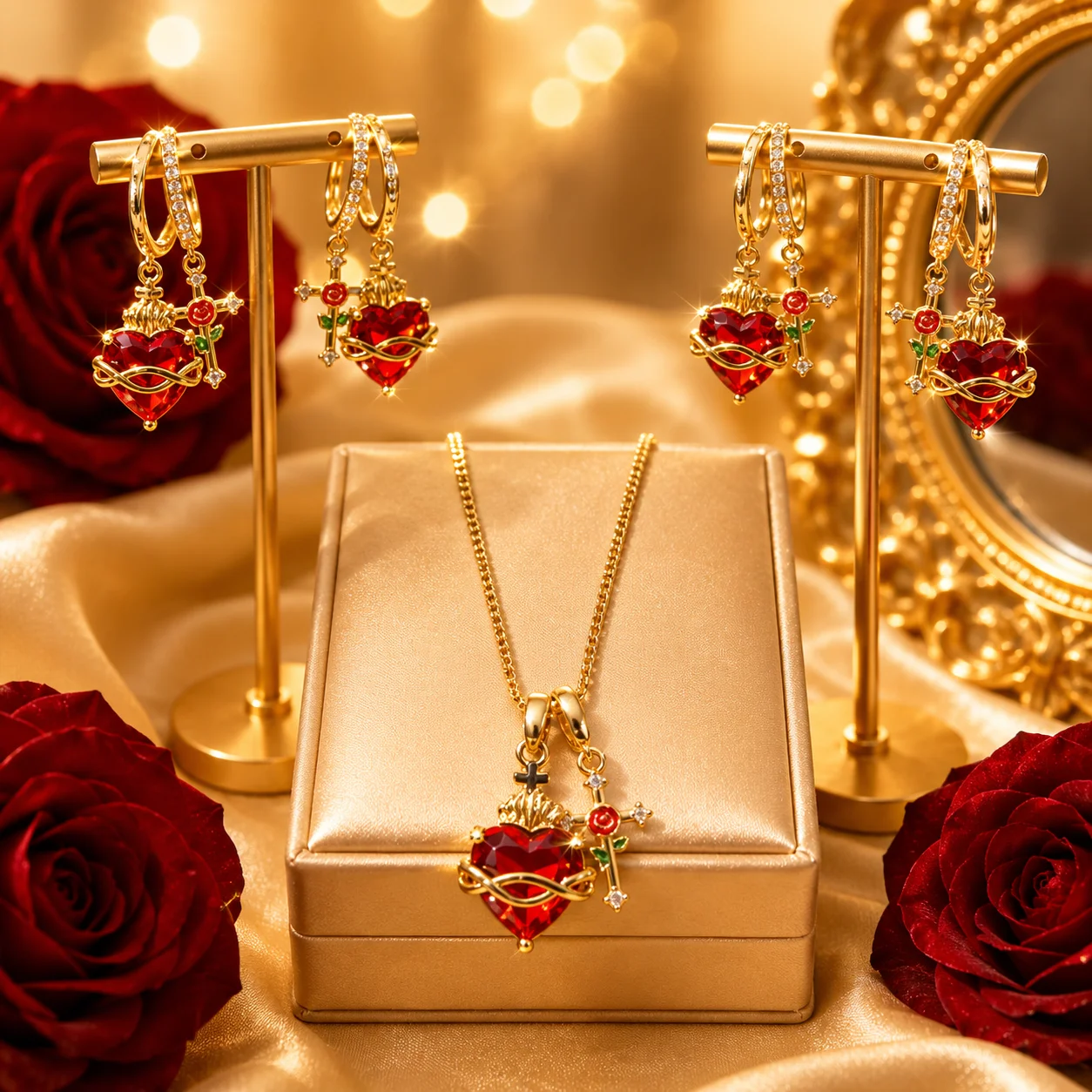 

Vintage Red Heart Rose Cross Flame Heart Earrings Set - Light Luxury Unique Jewelry - 2026 Hot Selling