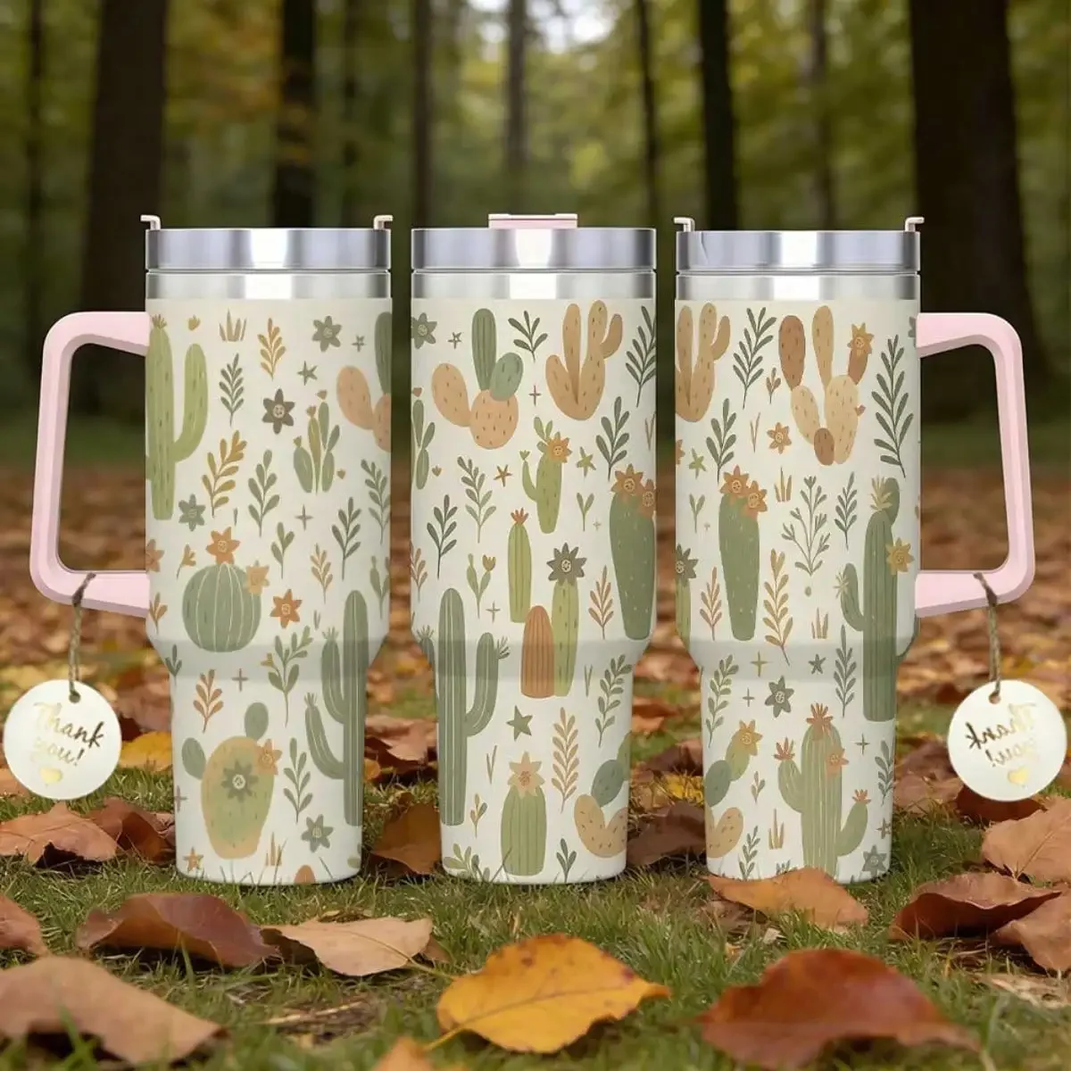 1pc 40-Ounce Insulated Tumbler Featuring A Lid And Handle, Designed With A Bohemian Desert Cactus And Southwestern Cacti Pattern In Green, Beige, Brown, And Copper. Ideal For Both Hot And Cold Beverages, This Cactus-Themed Cup Makes A Great Gift