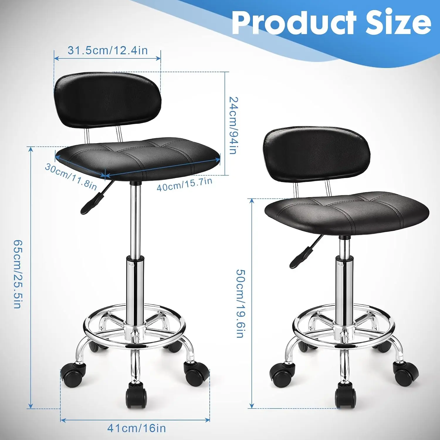 Adjustable Height Swivel Rolling Stool with Backrest and Wheels, Black