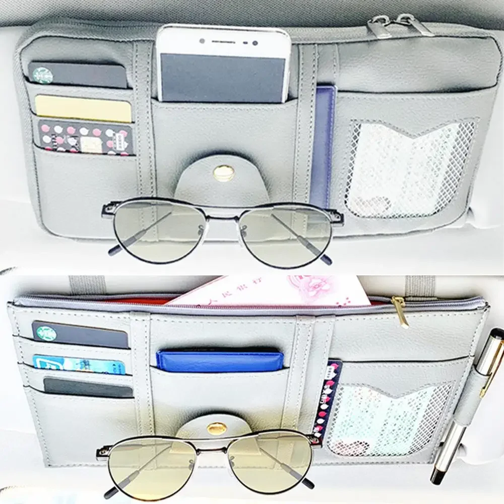 Car Glasses Storage PU Leather Multi-Function Sun Visor Point Organizer Storage Pocket Auto Sunglasses Holder Cards Organizer