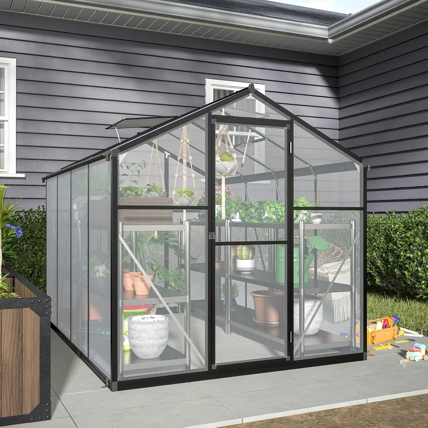 Walk-in Greenhouse UV-Coated Polycarbonate Aluminum Frame 2 Adjustable Vents Lockable Door 6x8 FT Backyard Garden, Customized