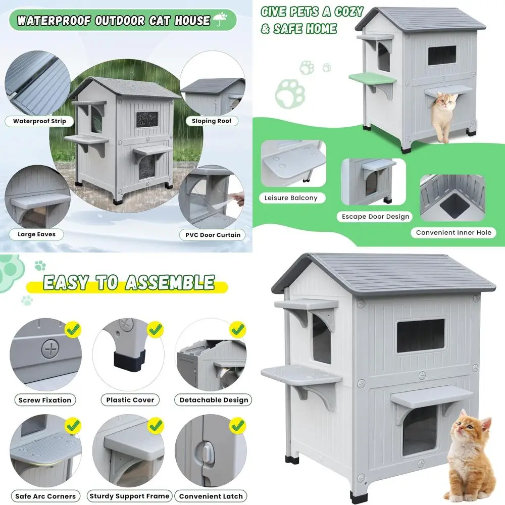 

Водонепроницаемое 2-этажное укрытие для кошек на открытом воздухе с люками для побега для кошек-ферла — просторное, легкое собрание