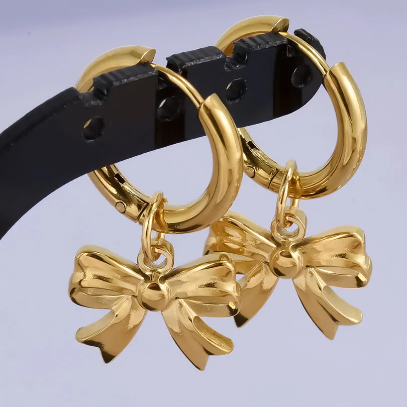 Echt vergoldet Mode Kpop Piercing Schmuck Mädchen Schleife Blume Herz Anhänger Ohrring Edelstahl Creolen für Frauen – Detail 30