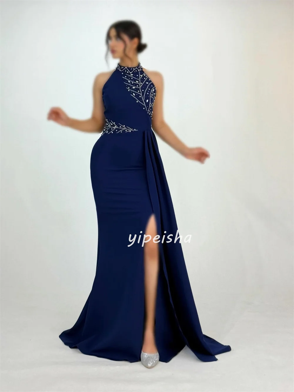 Customized High Quality Formal Jersey Rhinestone Beading Mermaid High Collar Long Dresses Bespoke Occasion Dresses Elegant Retro
