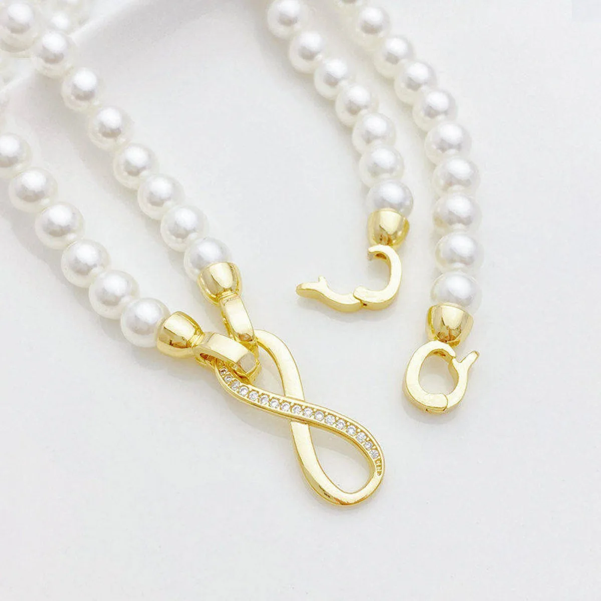 14K Gold Plated Inlaid Zircon Figure‑8 Beaded Link Buckle DIY Pearl Bracelet Necklace Jewelry Findings