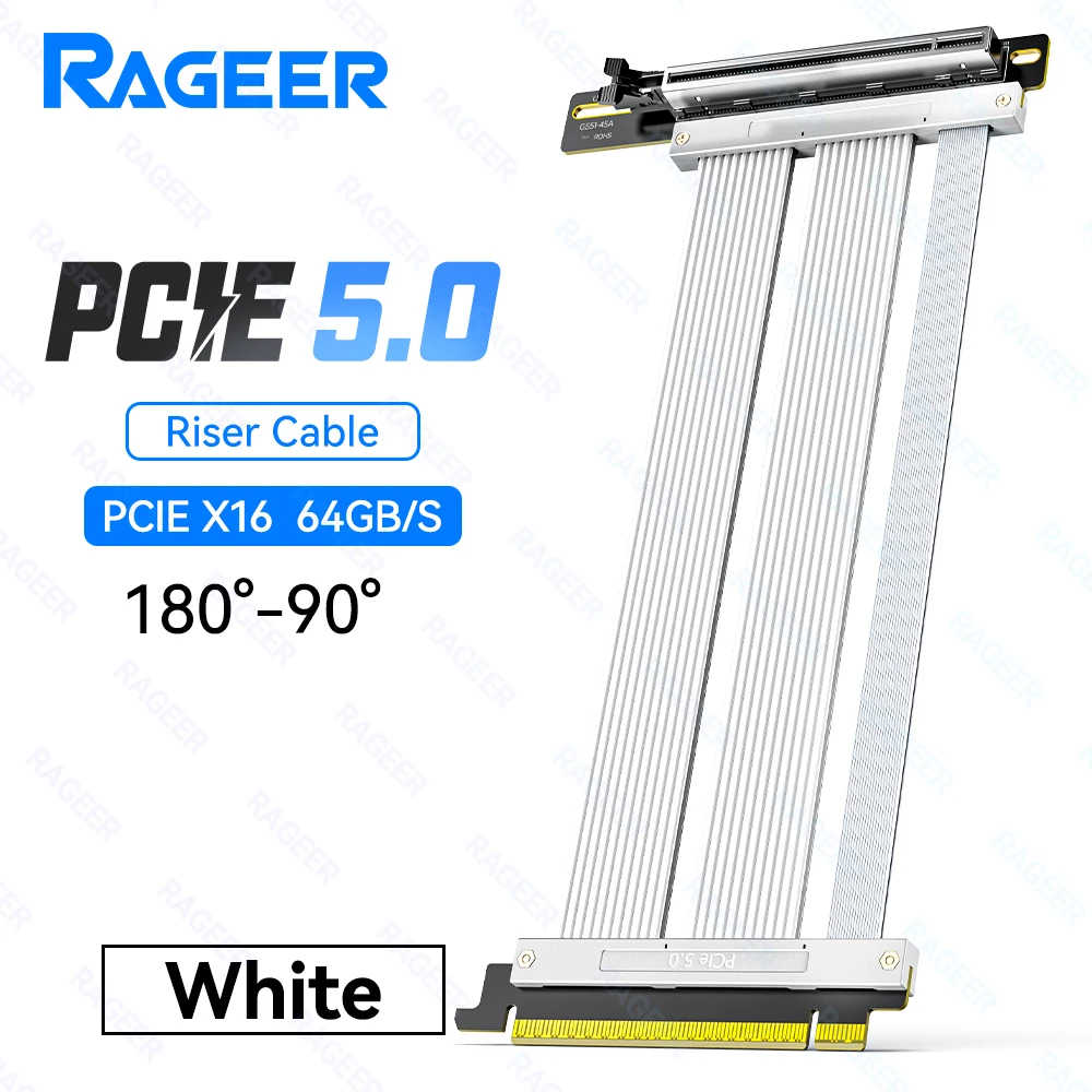 RAGEER PCIe 5.0 X16 Riser-kabel 64Gbps voor 50/40/30-serie, compatibel met 4.0/3.0, voor verticale installatie GPU 180 ° tot 90 °