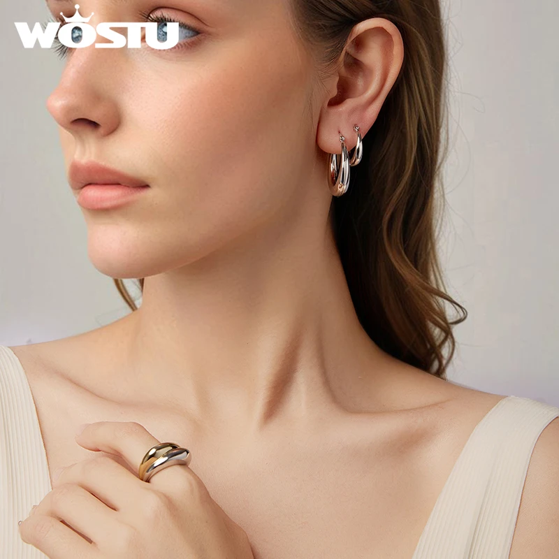WOSTU Huge Statement Wedding Hoop Earrings For Women , White Gold Plated Metal Hoops Drop Pendientes Geometric Party Jewelry