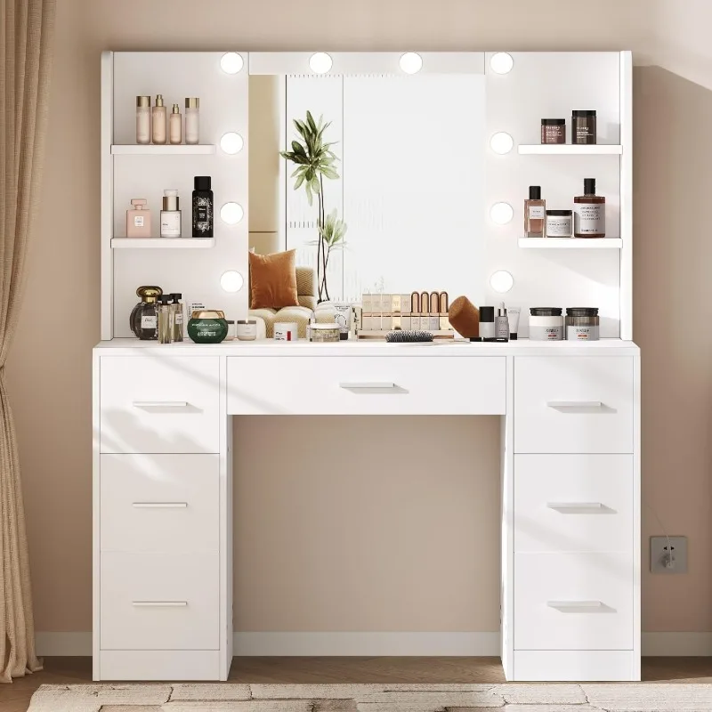 home.Vanity Desk, Makeup Vanity with 10 LED Lights & , Vanity Table with 6 Open Shelves, Makeup Table for Women, White WDT005W