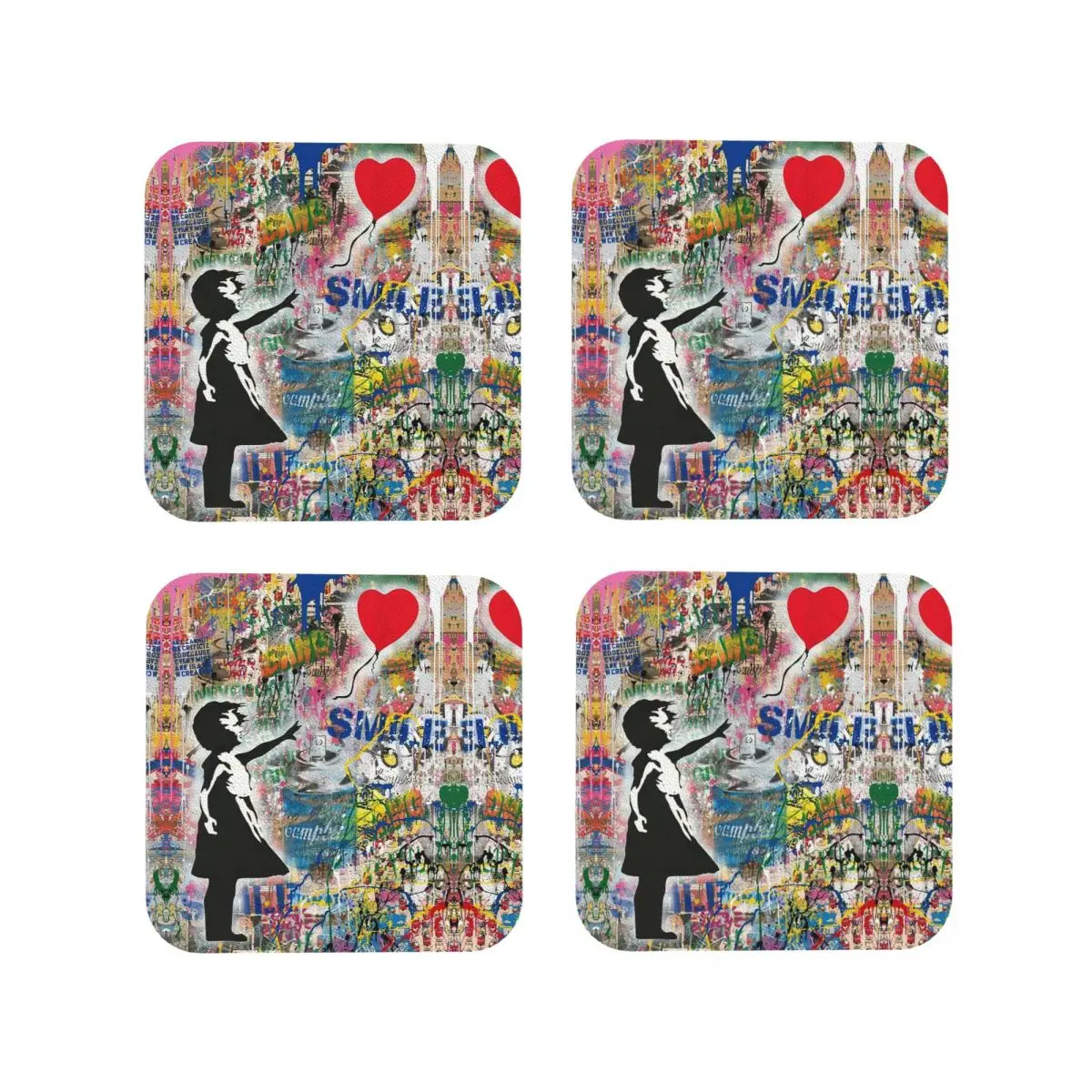 Balloon Girl Street Art Mashup Coasters Kitchen Placemats Waterproof Insulation Cup Coffee Mats For Home Tableware Pads Set of 4