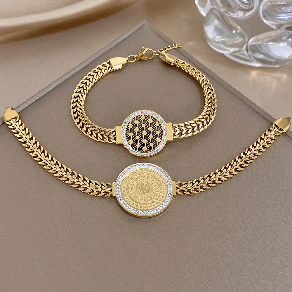 Freetry Elegant Golden Stainless Steel Braided Chain Bracelets for Women Punk Inlaid Zircon Statue Round Bangle Charm Jewelry