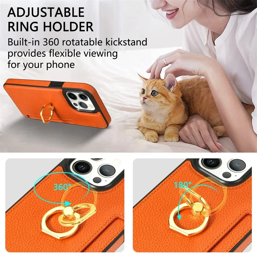 Card Solt Litchi Leather Wallet Case For iPhone 11 12 13 14 15 16 Pro Max 15 Plus Ring Holder Cover For iPhone 15 Pro Soft Cover