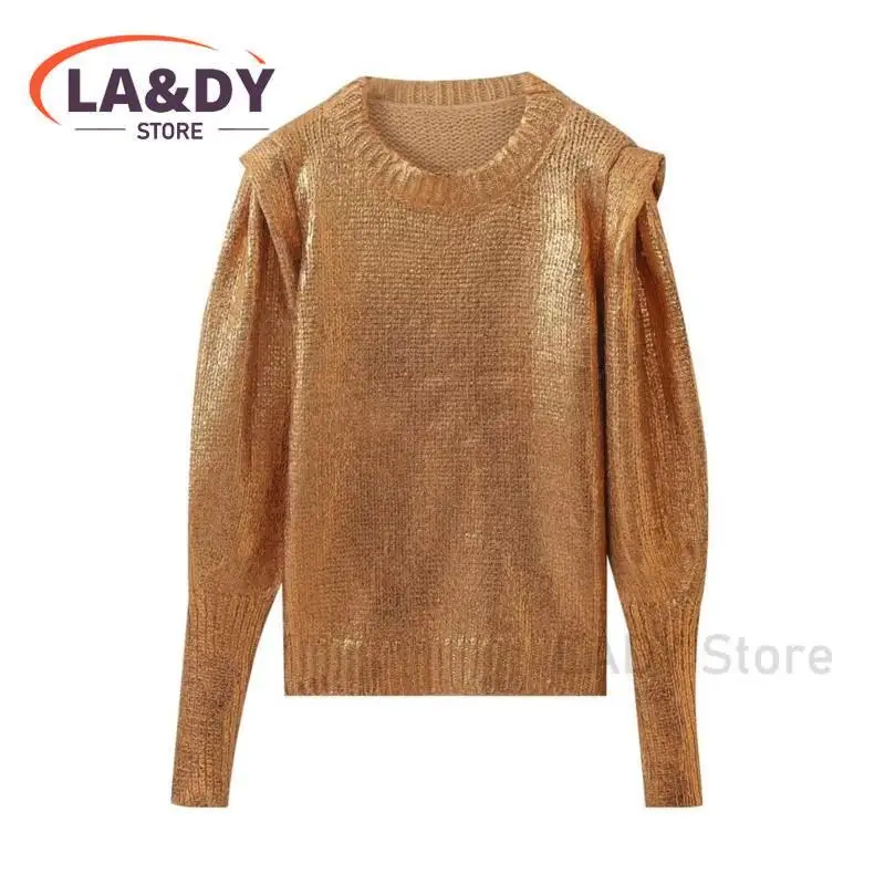 knit Sweater Women 2024 Autumn Winter Fashion Metal Round Neck Female Solid Color Casual Long Sleeve Warm Tops Pullovers