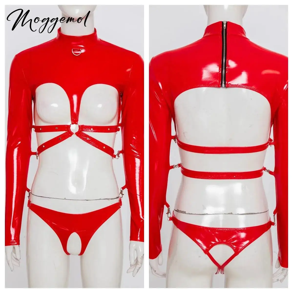 

Женские комплекты сексуального нижнего белья из глянцевой кожи с застежками-уплотнительными кольцами, укороченные топы с длинными рукавами и открытой промежностью, латексные трусы