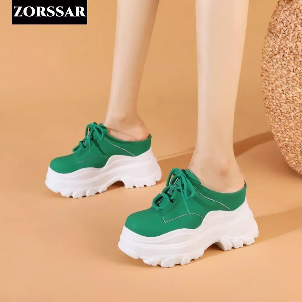 High Heel Baotou Half Slippers Women\'s Summer 2024 New Genuine Leather Fashion Wedge Sneakers Women Platform Mules Slippers