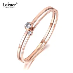 Lokaer Trendy Stainless Steel 2Pcs Cubic Zirconia Cuff Engagement Bangles Bracelets Lovers Jewelry Valentine's Day Gift B19029