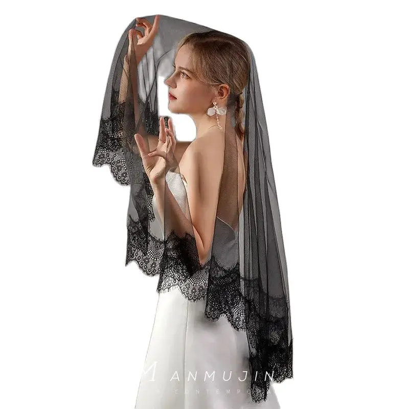 

One-Layer Women Girl Black Mantilla Wedding Veil Embroidery Floral Lace Veil Halloween Cosplay Costume Sheer Hair Accessories