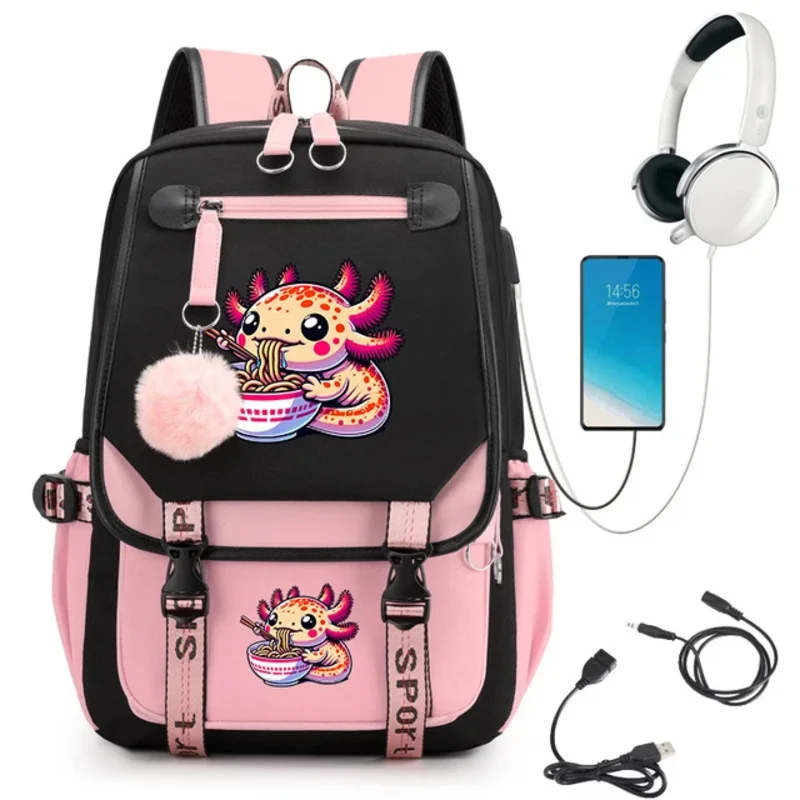 Axolotl jedzenie ramen makaron kreskówka tornister dla dzieci Anime Bookbag plecak studencki USB ładowanie dziewczyny plecak dla nastolatków