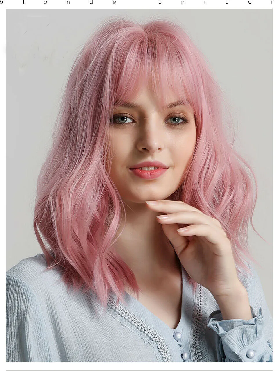 Short Pink Wavy Synthetic Wig with Bangs Heat Resistant for Girls Halloween Role Play Themed Party Wig