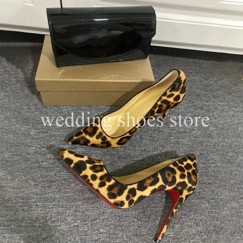 Leopard Print Pointed Toe High Heels Bag Patent Leather Shallow Mouth Genuine Leather Luxury Wedding Single Shoes Bag for Women