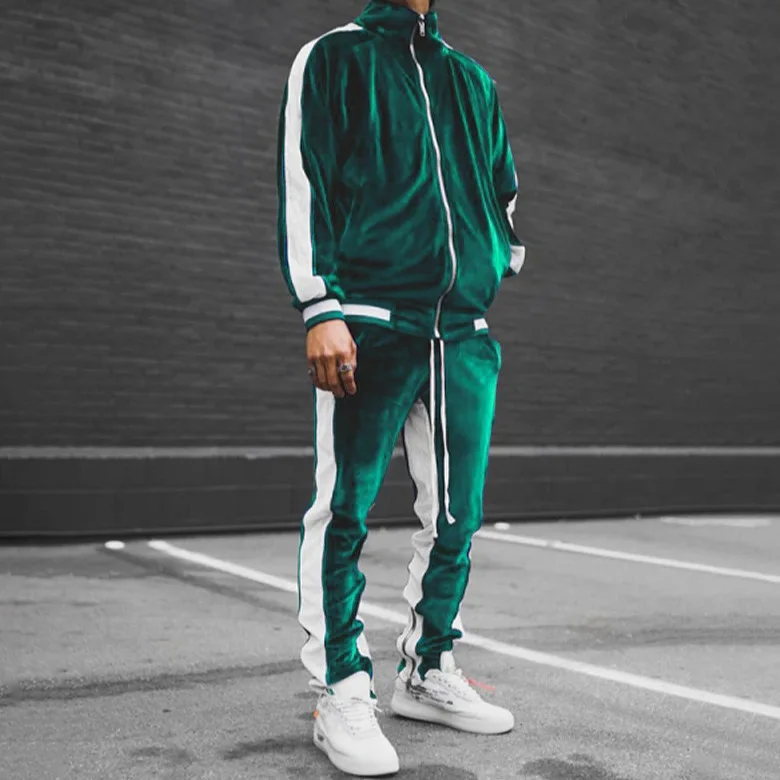 2025 Cross Border Mens Velvet Tracksuit   Solid Color  Contrast Trim  Retro Casual Jacket   Set