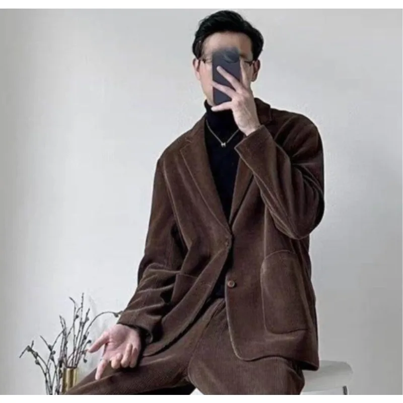 Jaket Jas Bisnis Kasual Pria untuk Musim Gugur dan Musim Dingin yang Modis, Setelan Jas Korduroi Kelas Atas dari Maillard Dopamine