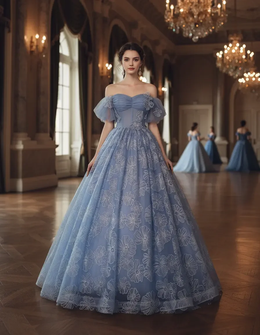 

Dusty Blue Off Shoulder Floral Lace Tulle Ball Gown Back Lace Up Quinceanera Wedding Evening Prom Formal Dress Free Petticoat