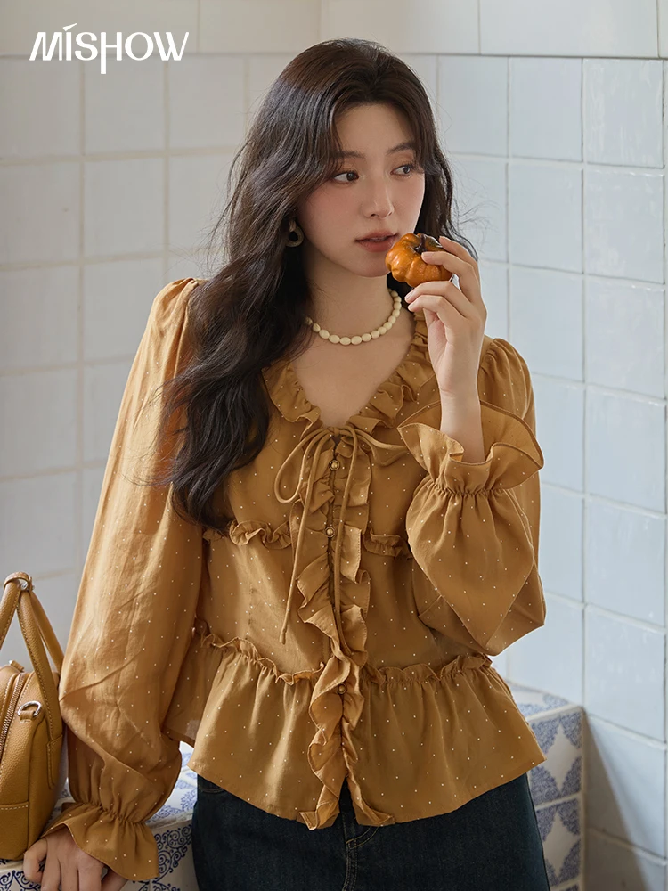 

MISHOW Women Retro Polka Dot V-neck Shirt Autumn 2025 New Office Lady Lantern Sleeves Black Fungal Edge Casual Shirt MXE41X1942