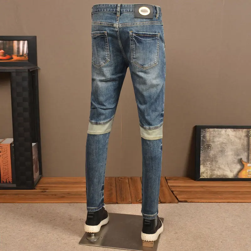 

Y2K fashion new men's patchwork jeans washed retro elastic slim fit jeans retro blue Italian designer retro patch pants