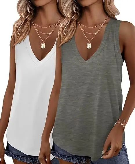 

Summer Women V Neck Tank Tops 2 Pack Sleeveless Tee Loose Fit Casual Soft Comfortable Solid Color T Shirt