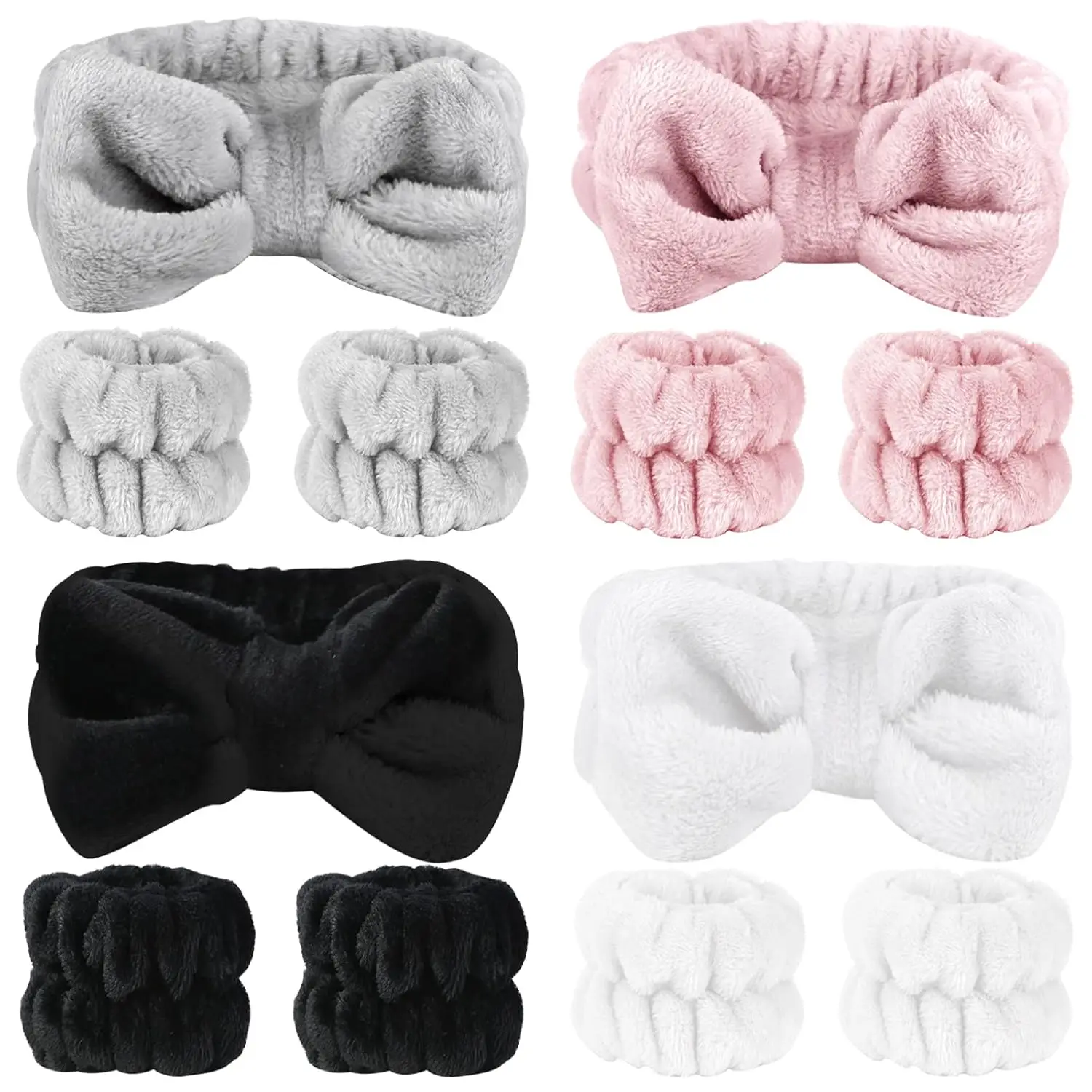 

12 Pcs Face Wash Headband & Wristband Set for Women, Soft Microfiber Facial Spa Hair Wraps, Skincare Bath Headbands (White, Pink, Gray, Black)