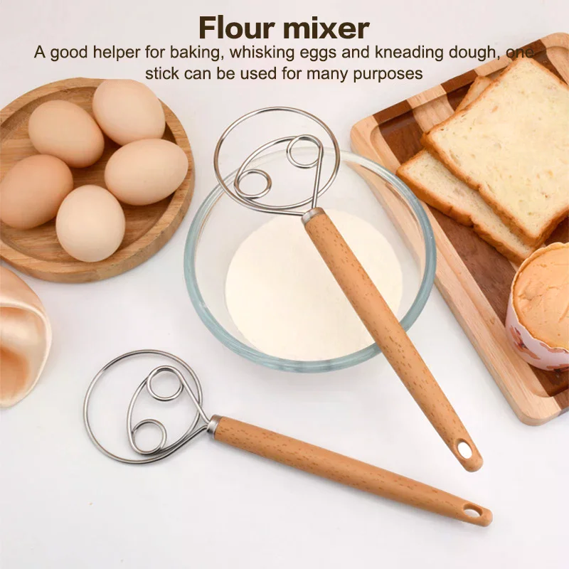 10 Inch Creative Hand DIY Danish Bread Stainless Steel Bakeware Dough Whisk Egg Beater Mixer Tool Wood Handle No Rust Easy Whip