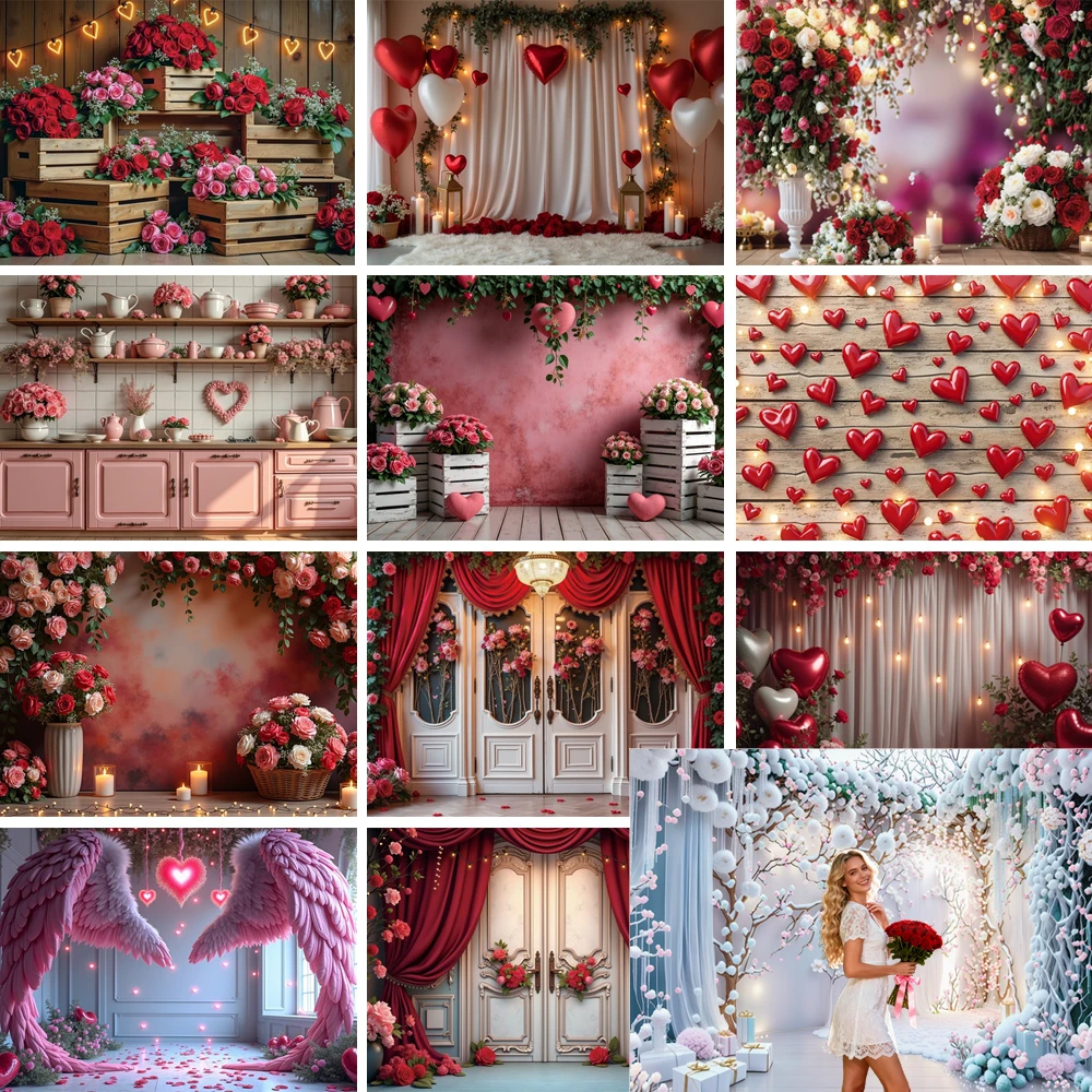 

MOON.QG Happy Valentine's Day Photo Background Curtains Arch Door Rose Heart Backdrops Photography Lover Poster Portrait Wall