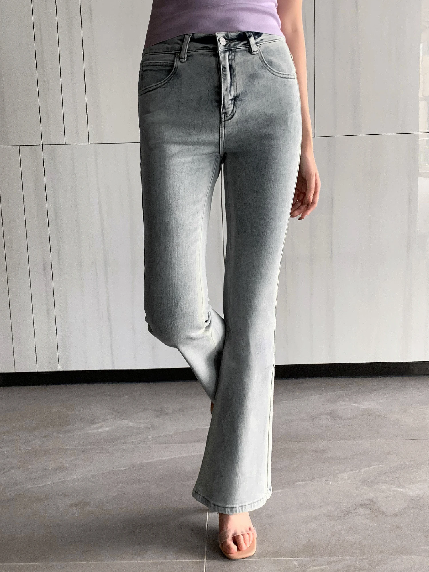 BLUE-GRAY PANTS JEANS FOR WOMEN Y2K WASH HIGH-WAISTED SKINNY FLARED JEANS-FORGUNROSES