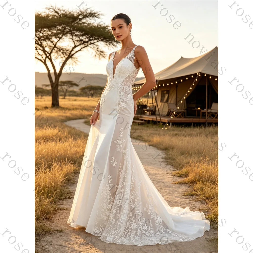 Customized Lace Camisole Deep V Mermaid Wedding Dress 2026 Slim Fit Flower Pattern Back Hollow Bride Gown Suitable for Beach