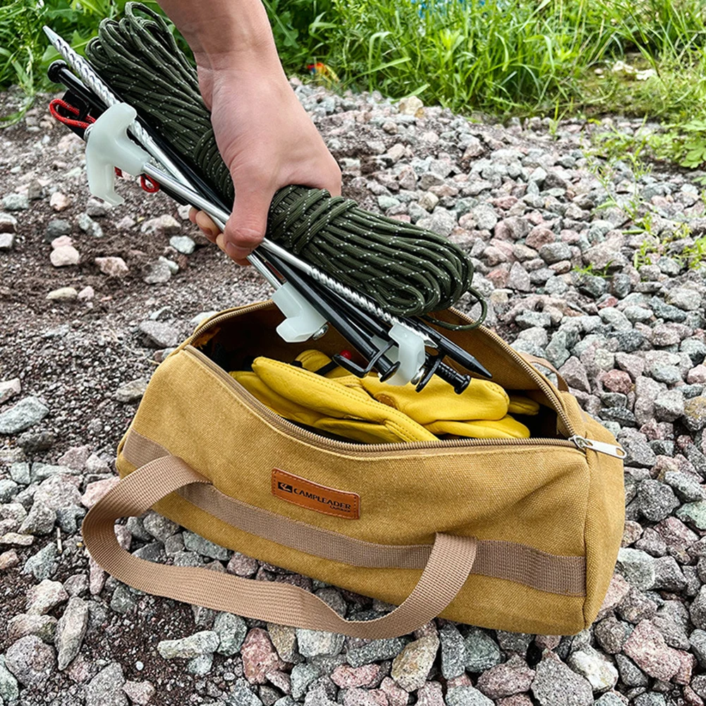 Camping Tool Storage Bag Cylinder Tent Ground Nail Wind Rope Hammer Pouch Canvas Large Capacity Handbag Outdoor Accessories