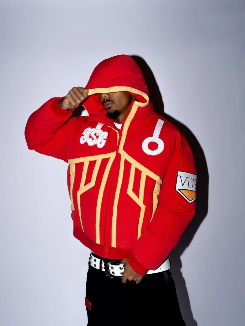 

American alphanumerical patchwork line red mens cotton suit autumn and winter high street fashion punk jacket couple loose coat