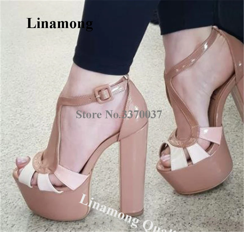 

Patchwork Chunky Heel Sandals Linamong Elegant Open Toe Straps Cross Thick Heel Dress Shoes Mixed-colors Super High Heels