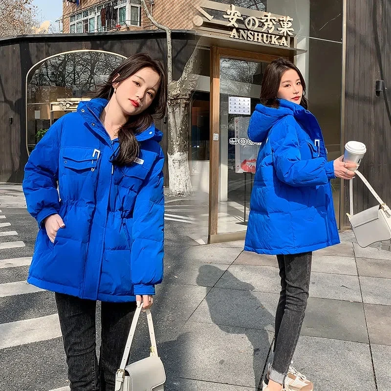 

Klein Blue Down Cotton Coat Women 2022 Winter New Fashion Padded Jacket Female Korean Waist Thin Loose Hooded Warm Parkas