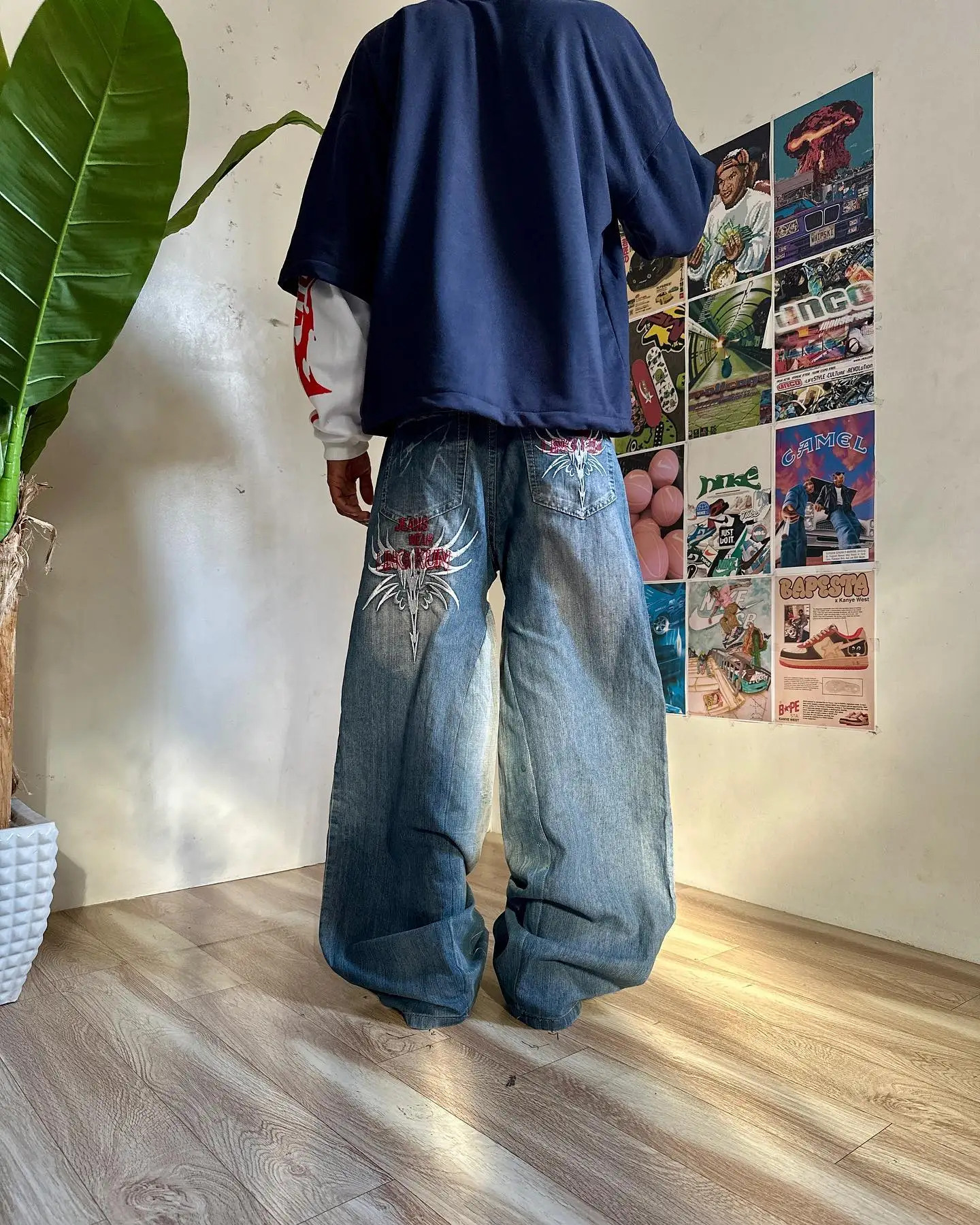 

Y2K Harajuku Hip Hop Embroidery Jeans Men Women Goth Punk Ripped Wide Leg Pants Fashion Retro New Baggy Denim Pants Streetwear