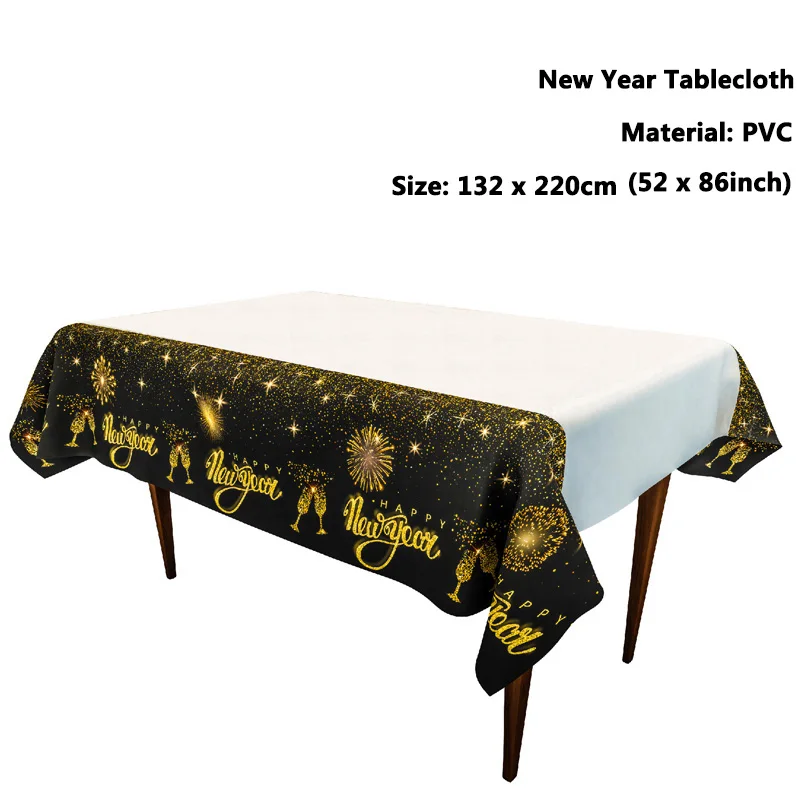 Happy New Years Eve Tablecloth Black and Gold Table Cloths Disposable Plastic Waterproof Table Cover for 2025 New Year Supplies