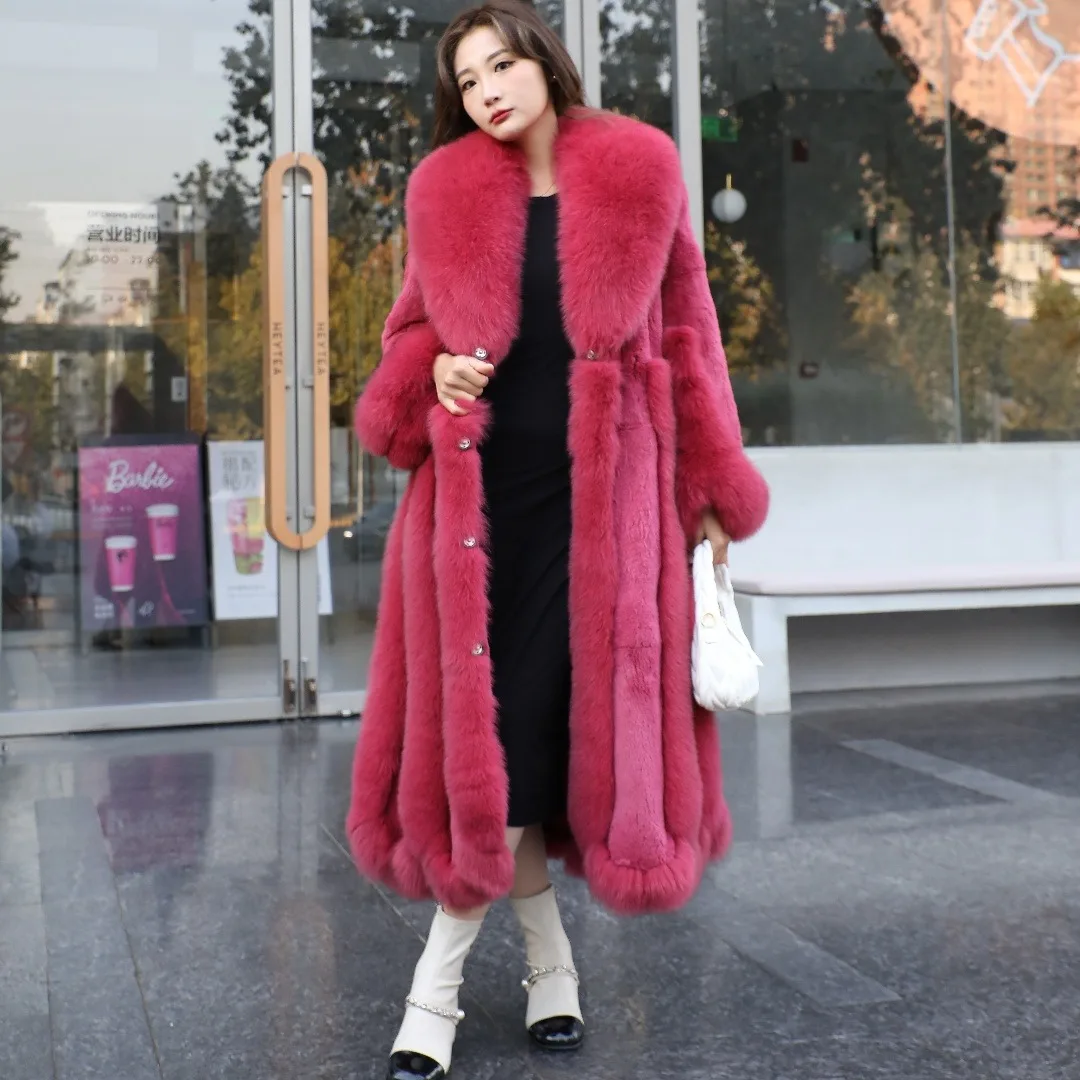 2024 Autumn Luxury Real Fox Fur Coat Long Women Genuine Rex Rabbit Fur Coat Famale Outerwear